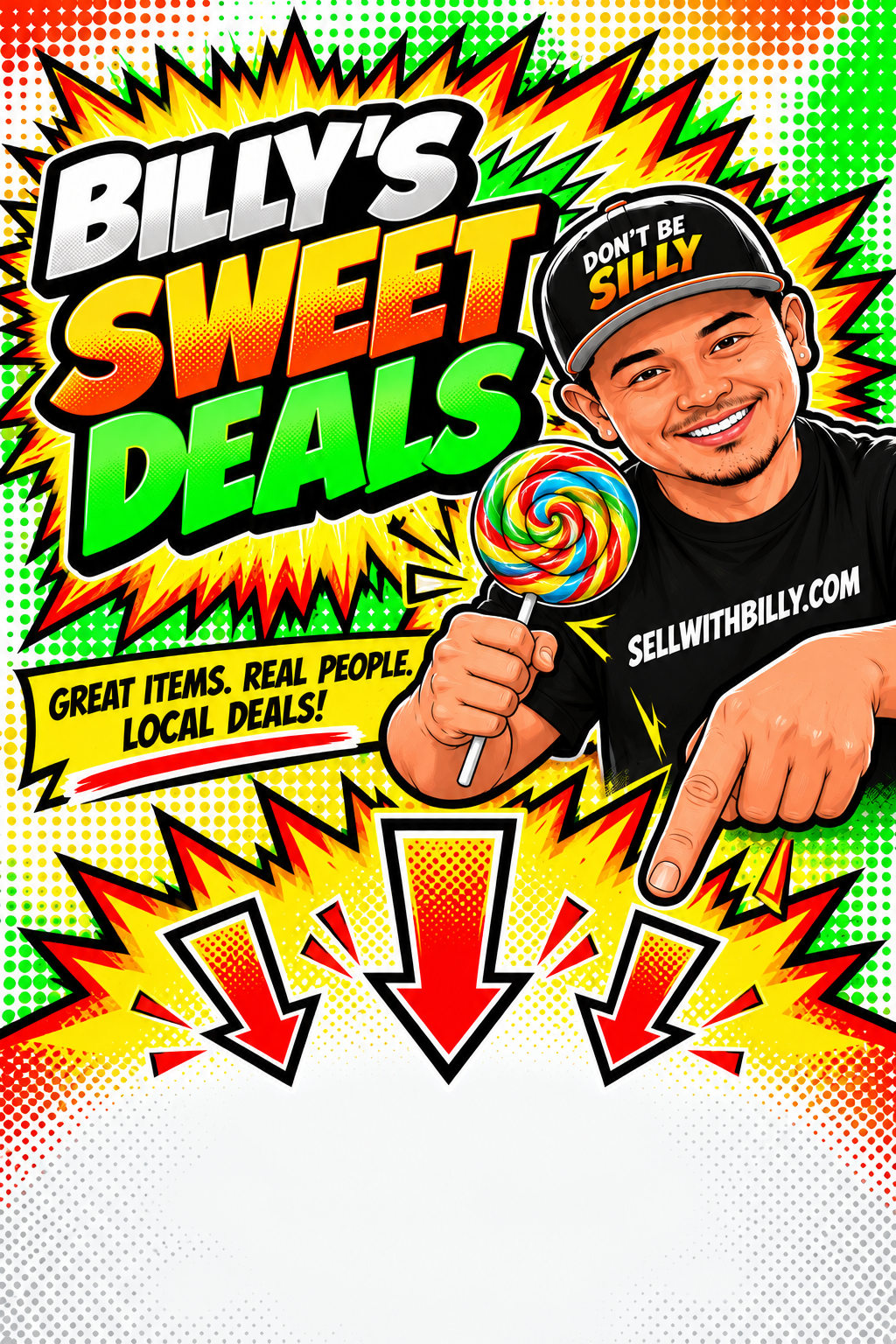 Billy holding a lollipop and pointing down to Billy’s Sweet Deals listings